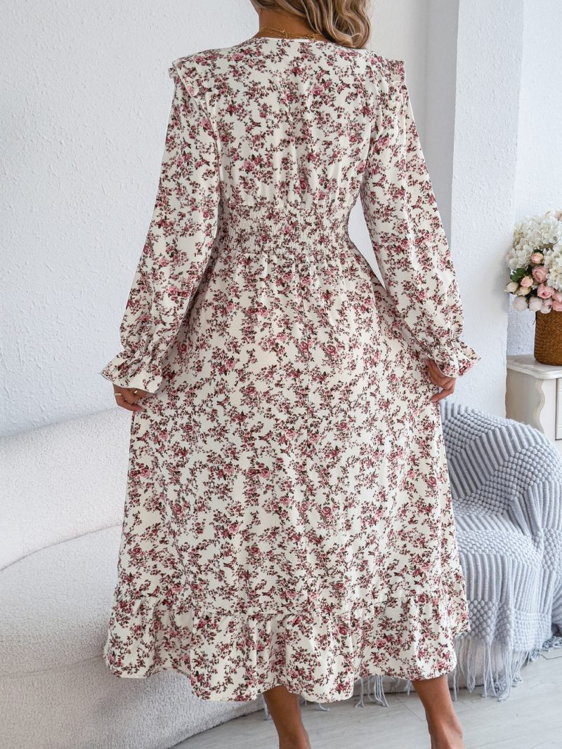 Elegant Floral Cross V-Neck Ruffle Maxi Dress - Image 4