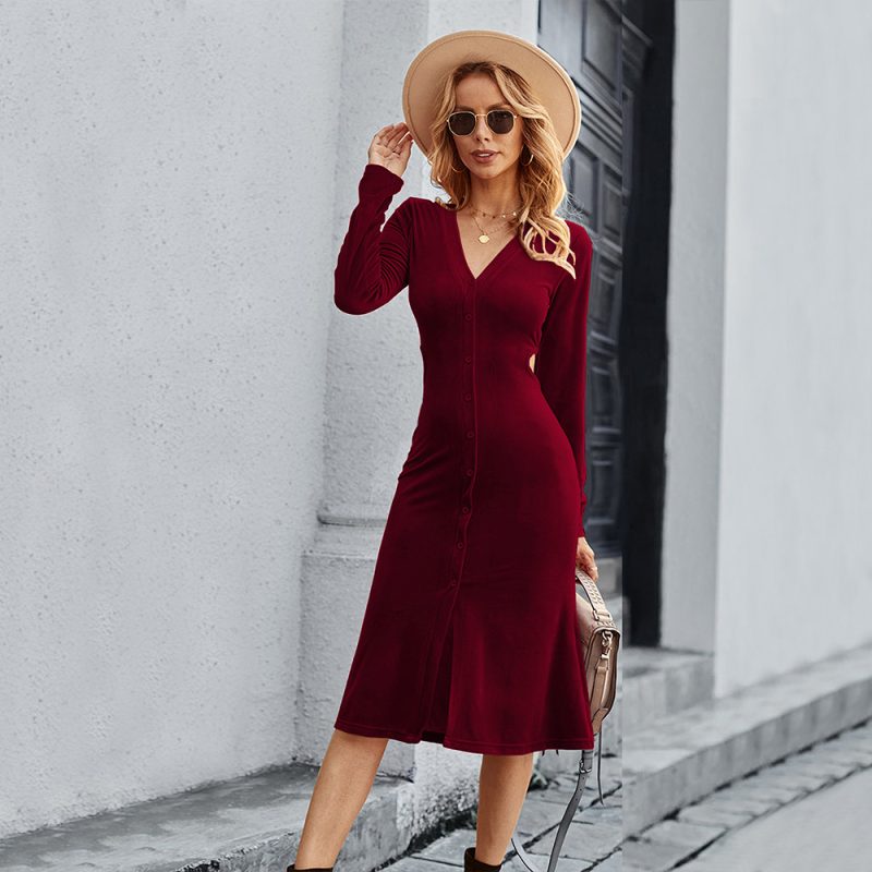 Wine Red Velvet V-Neck Korean Midi Dress - Image 4