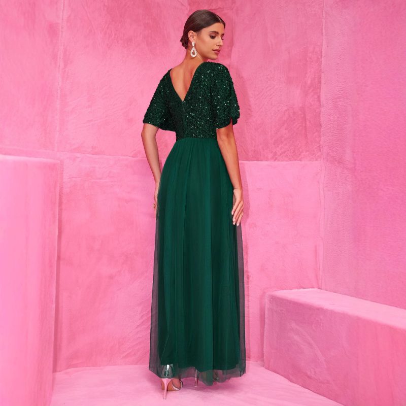 Elegant A-Line Sequined Double V-Neck Tulle Dress - Image 4