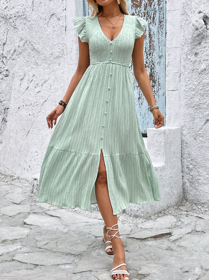 Fresh Light Green V-Neck Split Summer Dress - Image 2