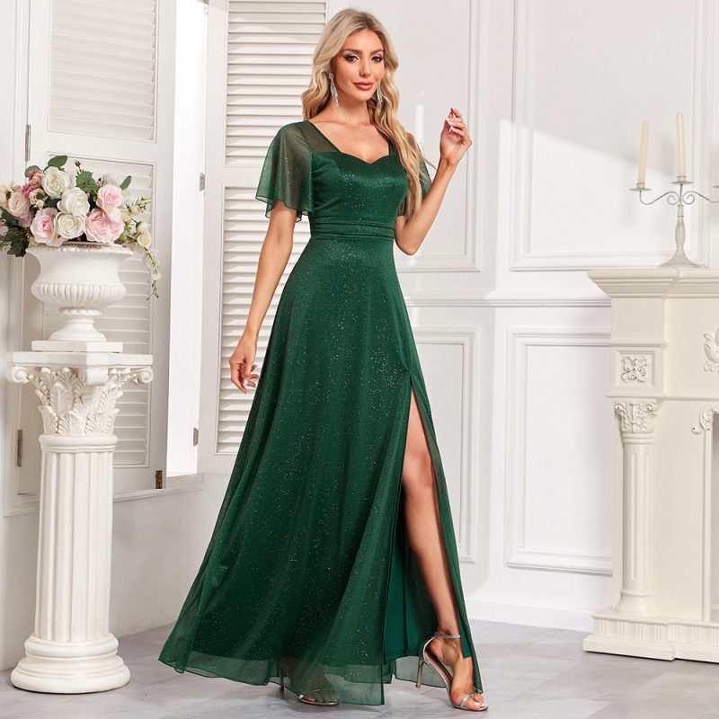 Elegant Short Sleeve Square Collar Tulle Evening Dress