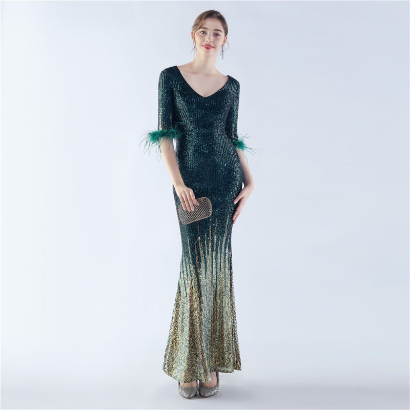 High-End Ostrich Feather Gradient Sequin Evening Dress - Image 4