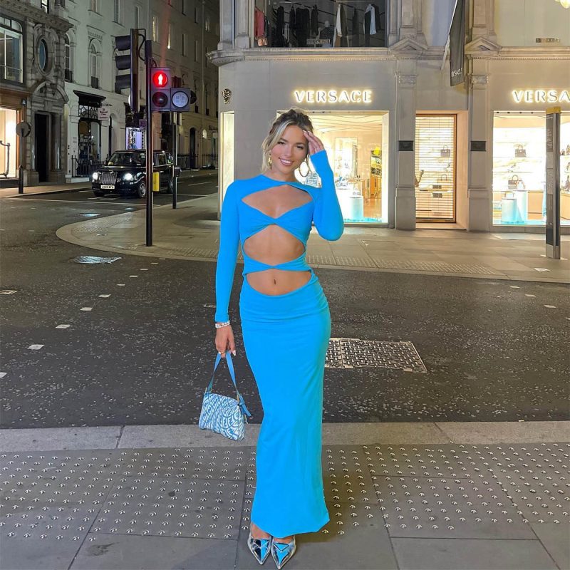 Hollow Out Blue Autumn Winter Maxi Dress - Image 2