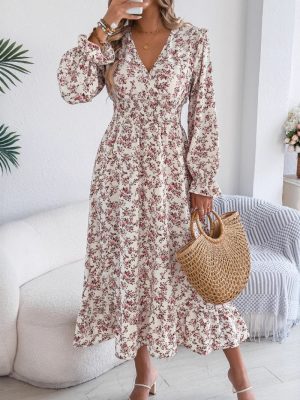 Elegant Floral Cross V-Neck Ruffle Maxi Dress