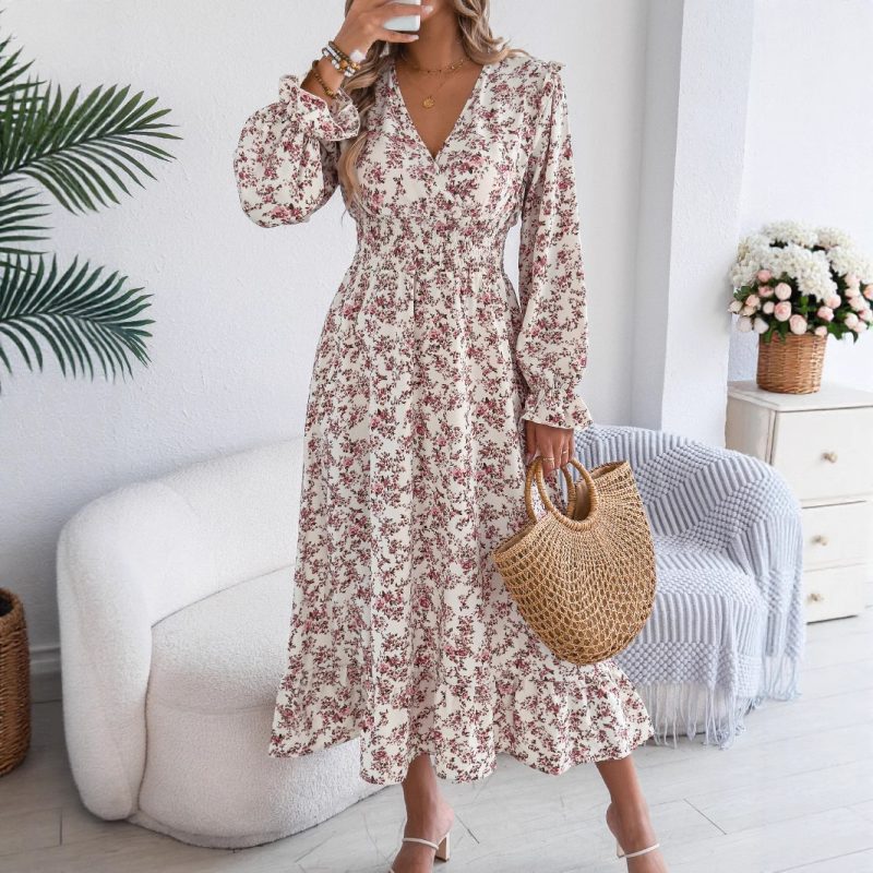 Elegant Floral Cross V-Neck Ruffle Maxi Dress