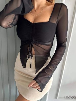 Sexy Cropped Mesh Lace-Up Backless Long Sleeve Top