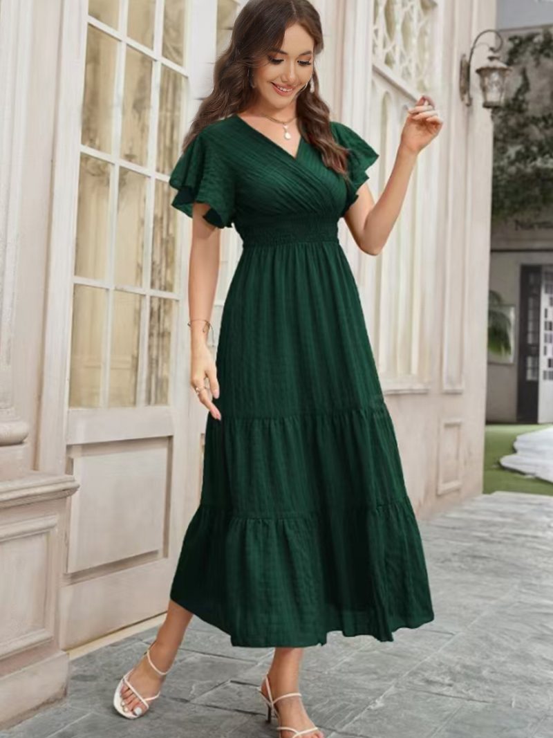Elegant Embossed Cross Collar Ruffle Sleeve Maxi Dress - Image 2
