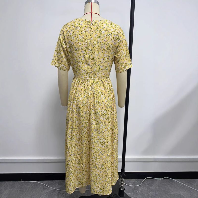 Floral Round Neck Single Breasted Casual Dress - Image 4