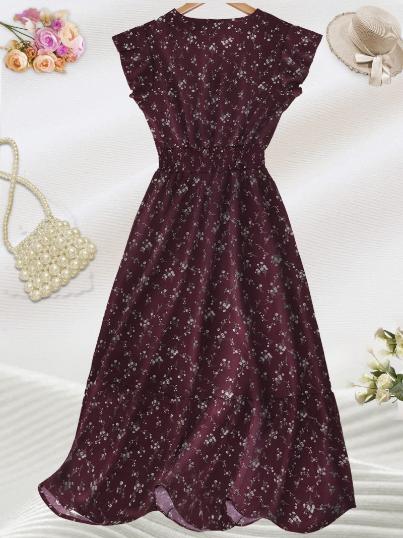 Elegant Floral V-Neck Smocked Waist Swing Dress - Image 2