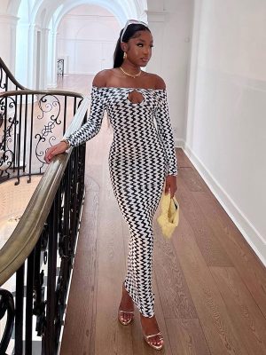 Off-The-Neck Hollow Out Long Sleeve Printed Dress for Autumn Winter
