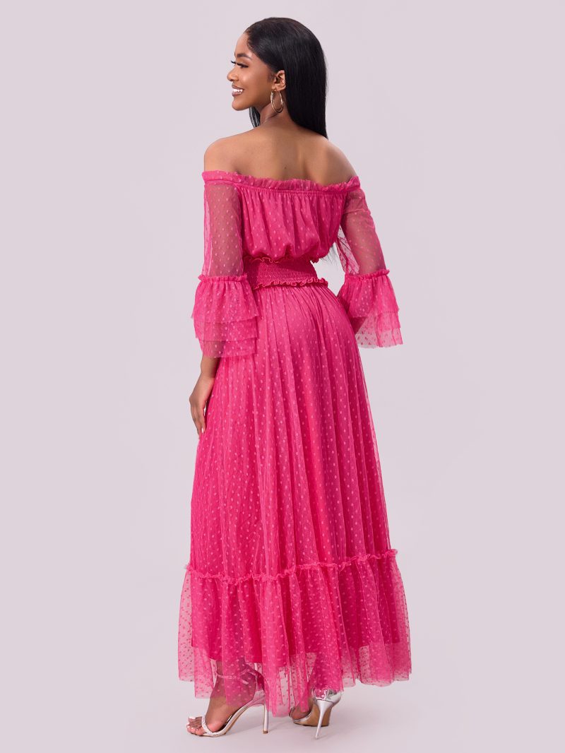 Off Shoulder Mesh Sleeve Wedding Swing Dress - Image 4