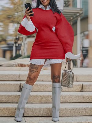 Curvy Winter Cutout Lantern Sleeve Party Dress