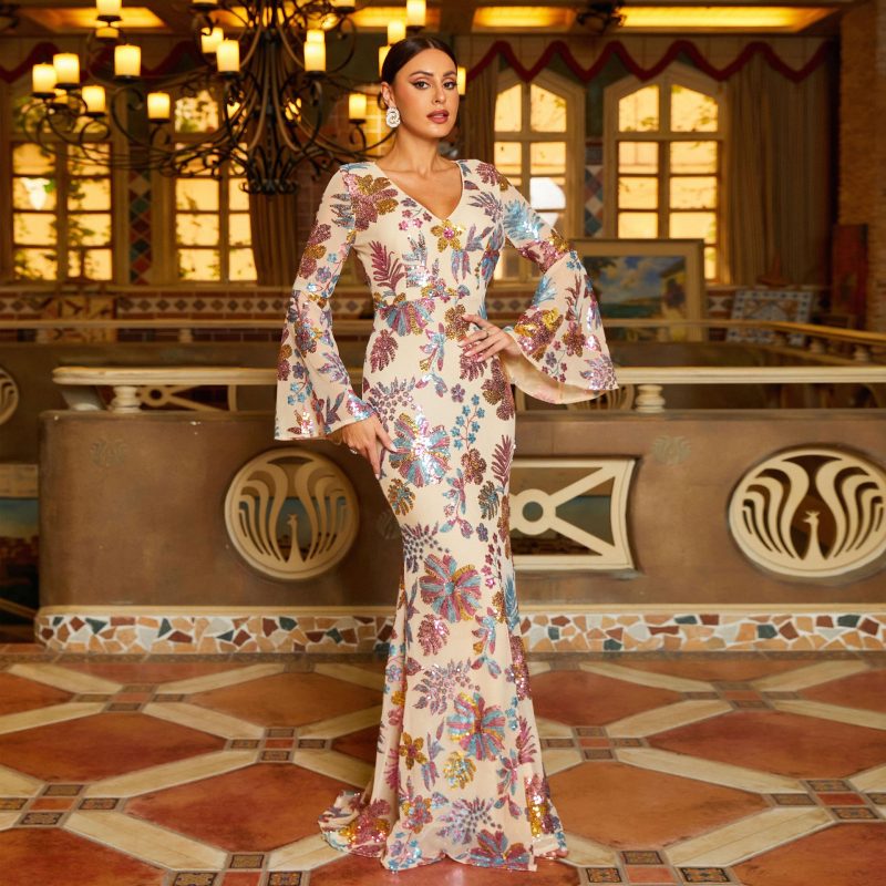 High-End Long Sleeve V-Neck Sequin Dress - Image 2