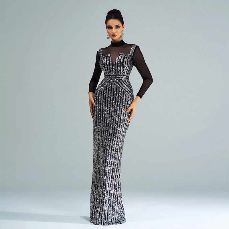 Long Sleeve Slim Sequined Fishtail Dress - Image 4