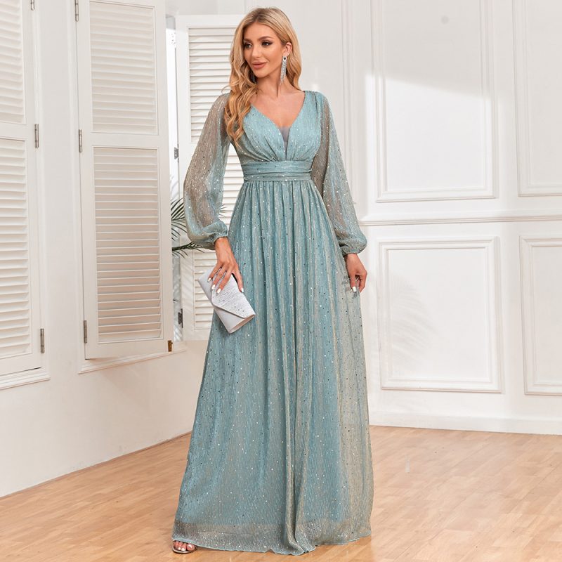 Shiny Pleated Sheer Long Sleeve V-Neck Dress - Image 3