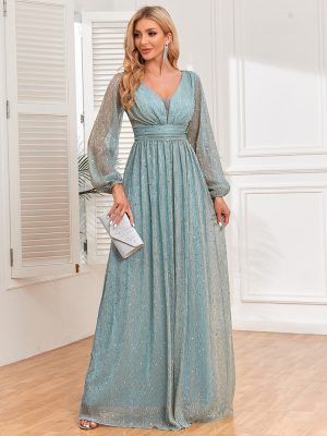 Shiny Pleated Sheer Long Sleeve V-Neck Dress