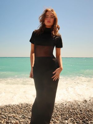 Elegant Mesh Slim Fit Turtleneck Autumn Dress