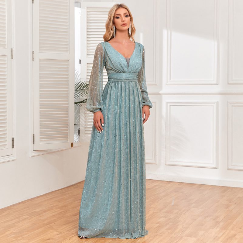 Shiny Pleated Sheer Long Sleeve V-Neck Dress - Image 2