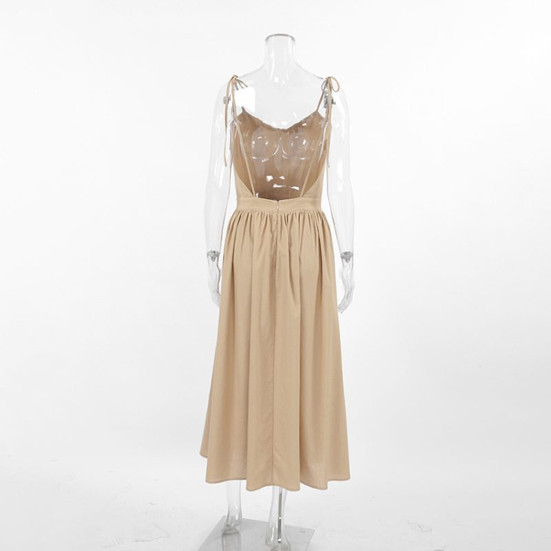 Breathable Khaki Cotton Linen High Waist Maxi Dress - Image 2