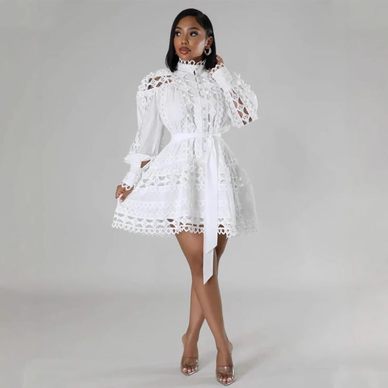 Women’s Lace Stitching Hollow Cutout Shirt Dress - Image 2