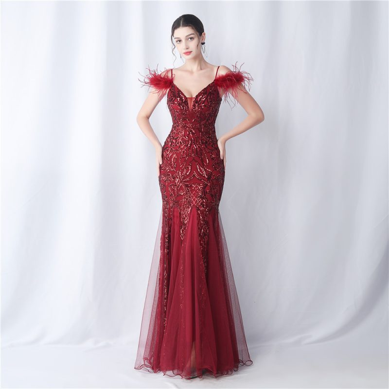 Floral Sequin Ostrich Feather Mesh Evening Dress - Image 3