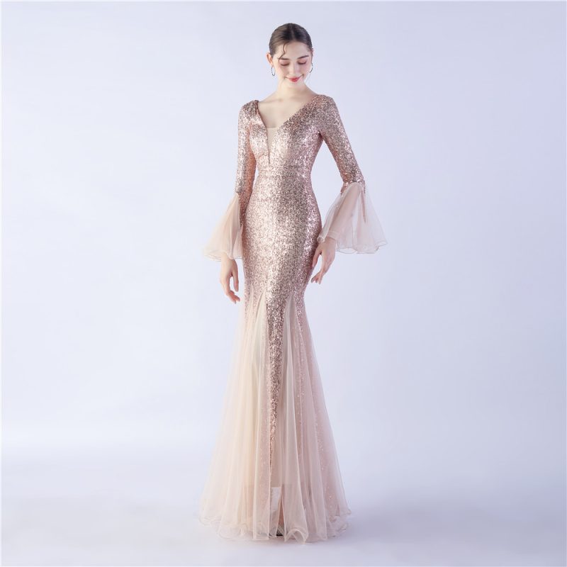 Sequined Mesh Wave-Edge Evening Gown - Image 4
