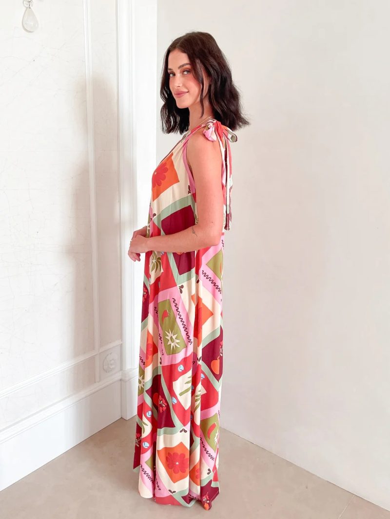 Elegant Printed Lace-Up One-Shoulder Maxi Dress - Image 2