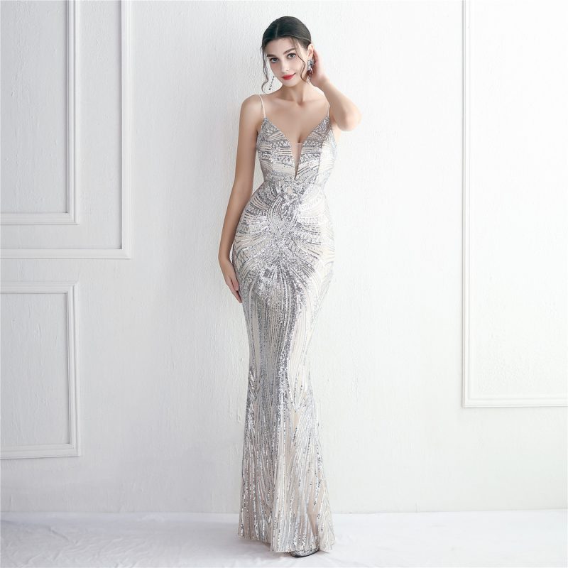 Elegant Floral Beaded Sequined Slim Fit Dress - Image 4