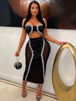 Sexy Bandeau Mesh Drilling Party Maxi Dress