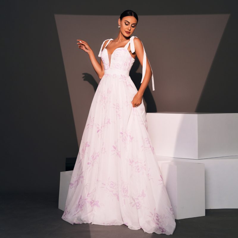 Elegant Sleeveless Off-Neck Printed Swing Evening Dress - Image 3