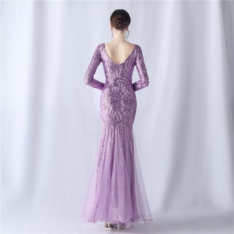 Mesh Sequin Long Sleeve Evening Dress - Image 2