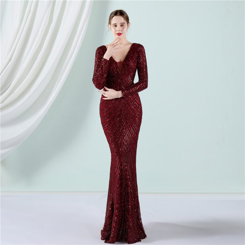 Elegant Floral Sequin Long Sleeve Fishtail Evening Dress - Image 4