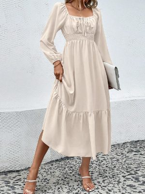 Square Neck Waist-Tight Long Sleeve Maxi Dress