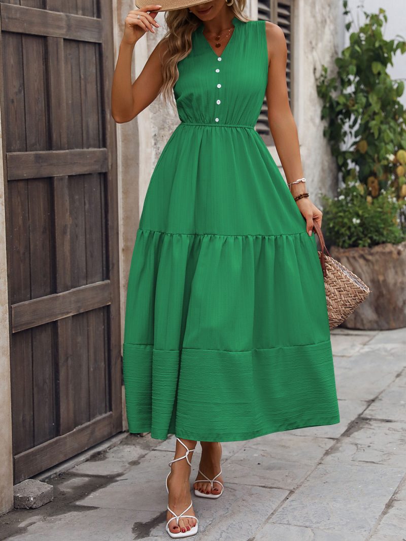 Sleeveless V-Neck Patchwork A-Line Dress - Image 3