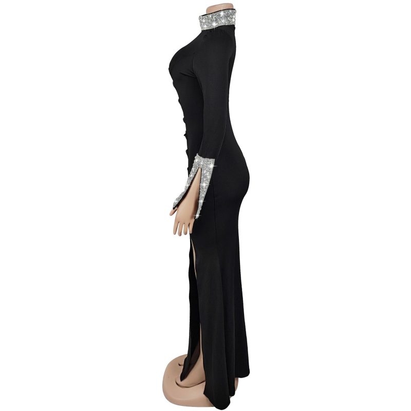 Solid Color Long Sleeve Rhinestone Split Dress - Image 3