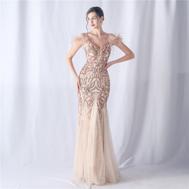 Floral Sequin Ostrich Feather Mesh Evening Dress - Image 4
