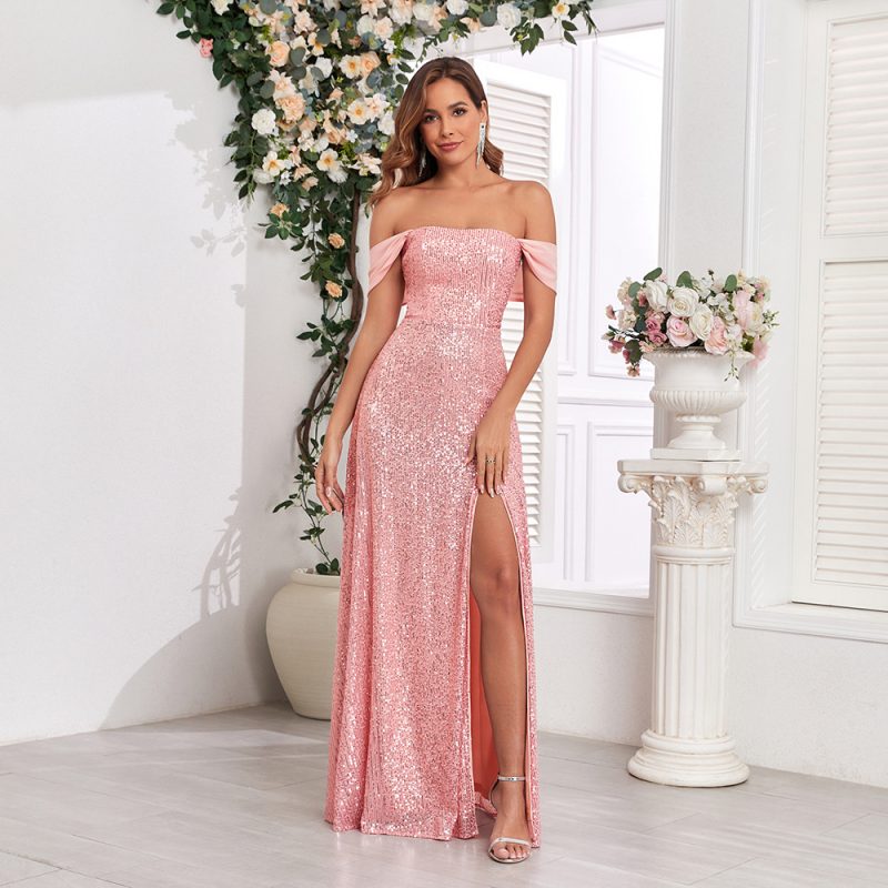 Sequined Spaghetti Strap High Slit Evening Dress - Image 3