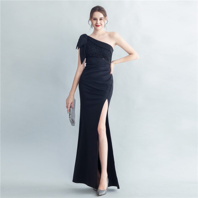 High-End Beaded Lace One-Shoulder Side Slit Evening Dress - Image 2