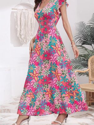 Fresh Sweet Floral Print Flying Sleeve Dress