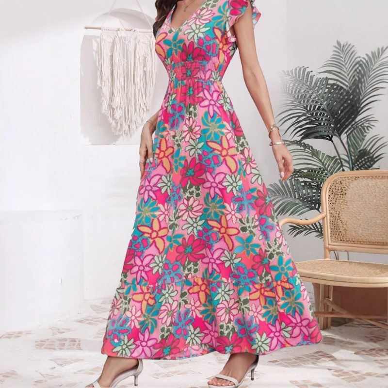 Fresh Sweet Floral Print Flying Sleeve Dress