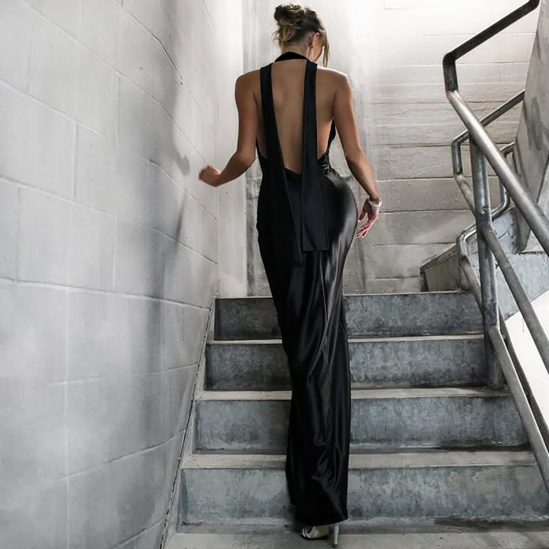 Best Seller Sexy Deep V Halter Backless Split Dress - Image 3
