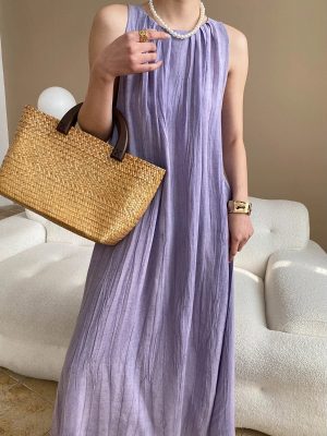 Relaxed Linen Pleated Sleeveless A-Line Dress