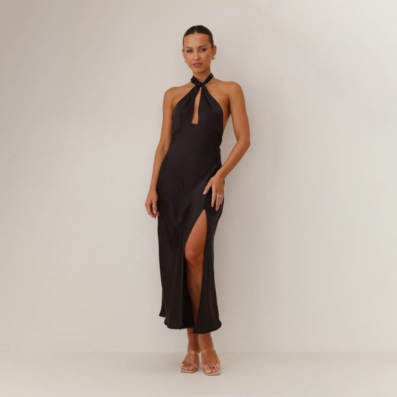 Sexy Solid Split Halter Backless Midi Dress - Image 2
