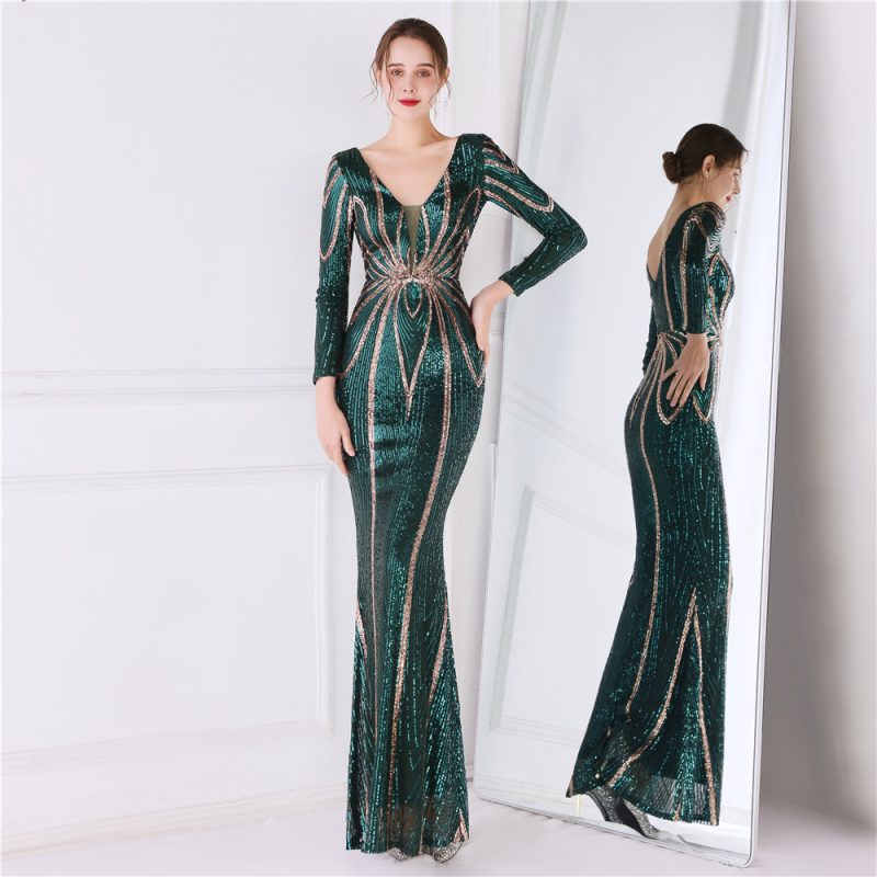 Elegant Floral Sequin Long Sleeve Fishtail Gown - Image 2
