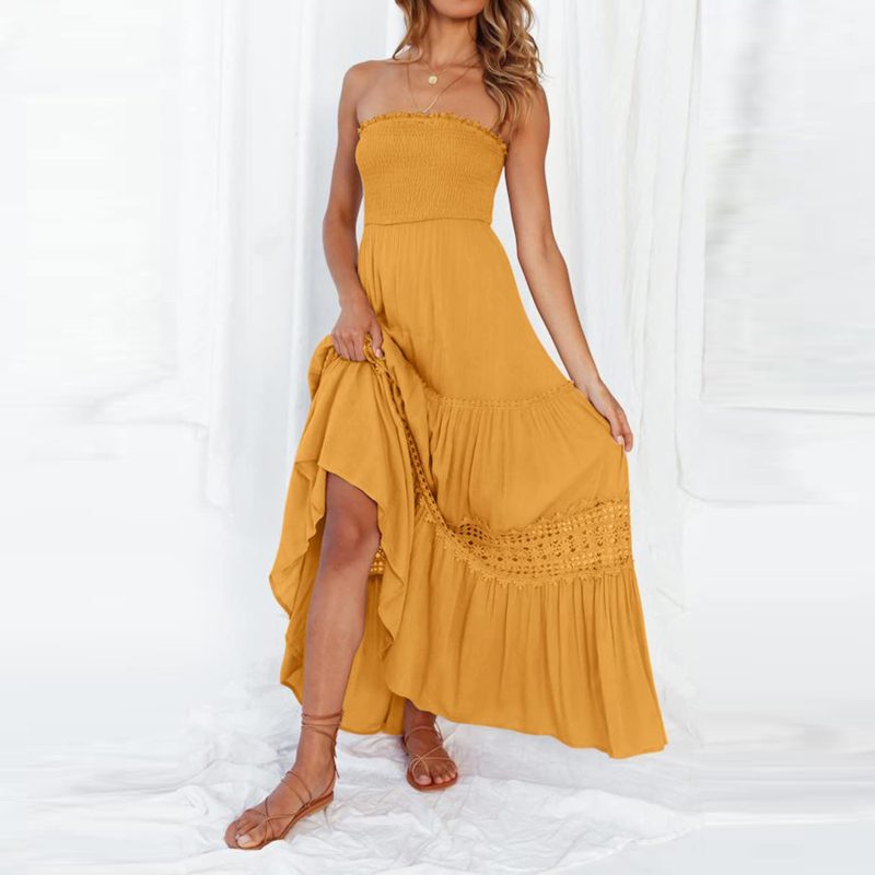 Retro Bohemian Tube Top Waist-Tight Maxi Dress