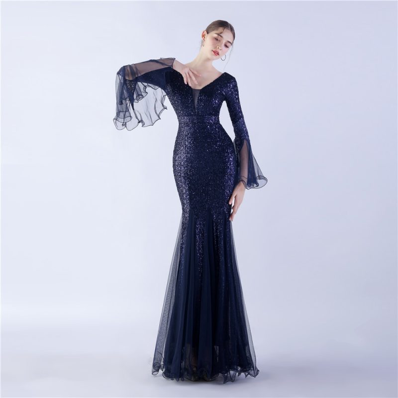 Sequined Mesh Wave-Edge Evening Gown - Image 3