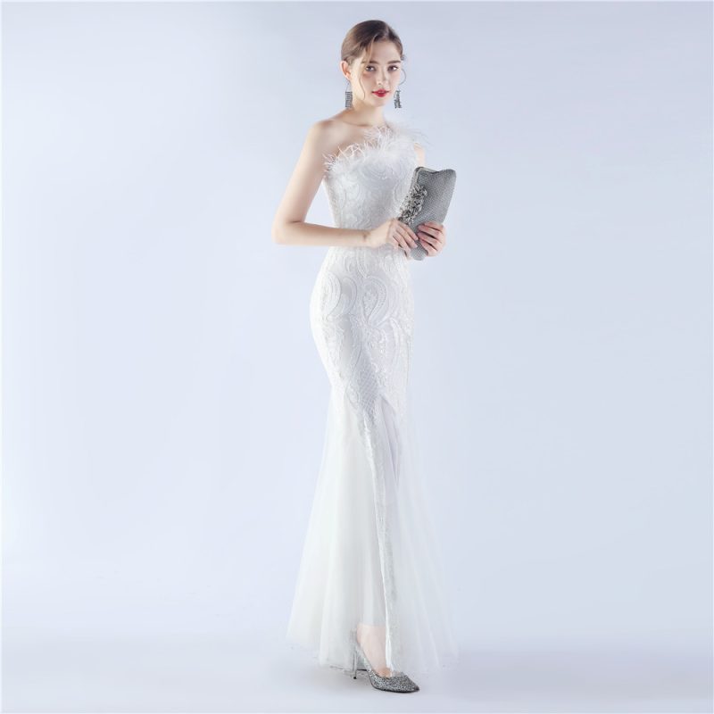 High-End Ostrich Feather Mesh Sequin Evening Dress - Image 2
