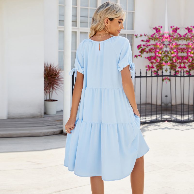 Solid Color Pleated Lace-Up Round Neck Dress - Image 2