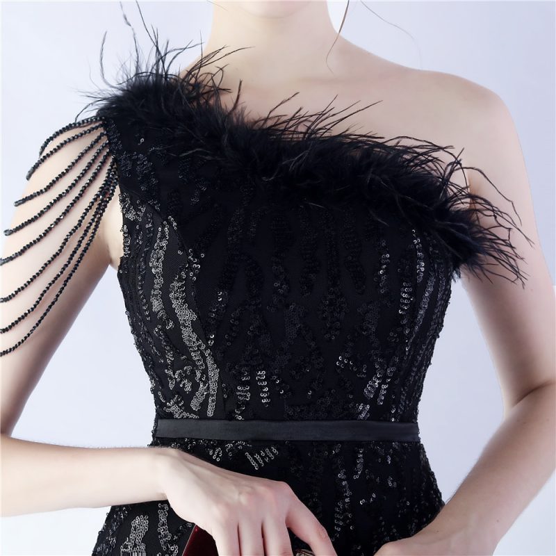 High-End One-Shoulder Beaded Ostrich Feather Dress - Image 3