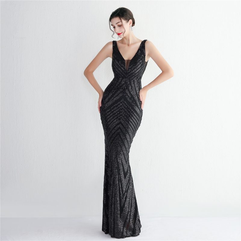 Elegant Floral Slim Fit Sequined Evening Dress - Image 3